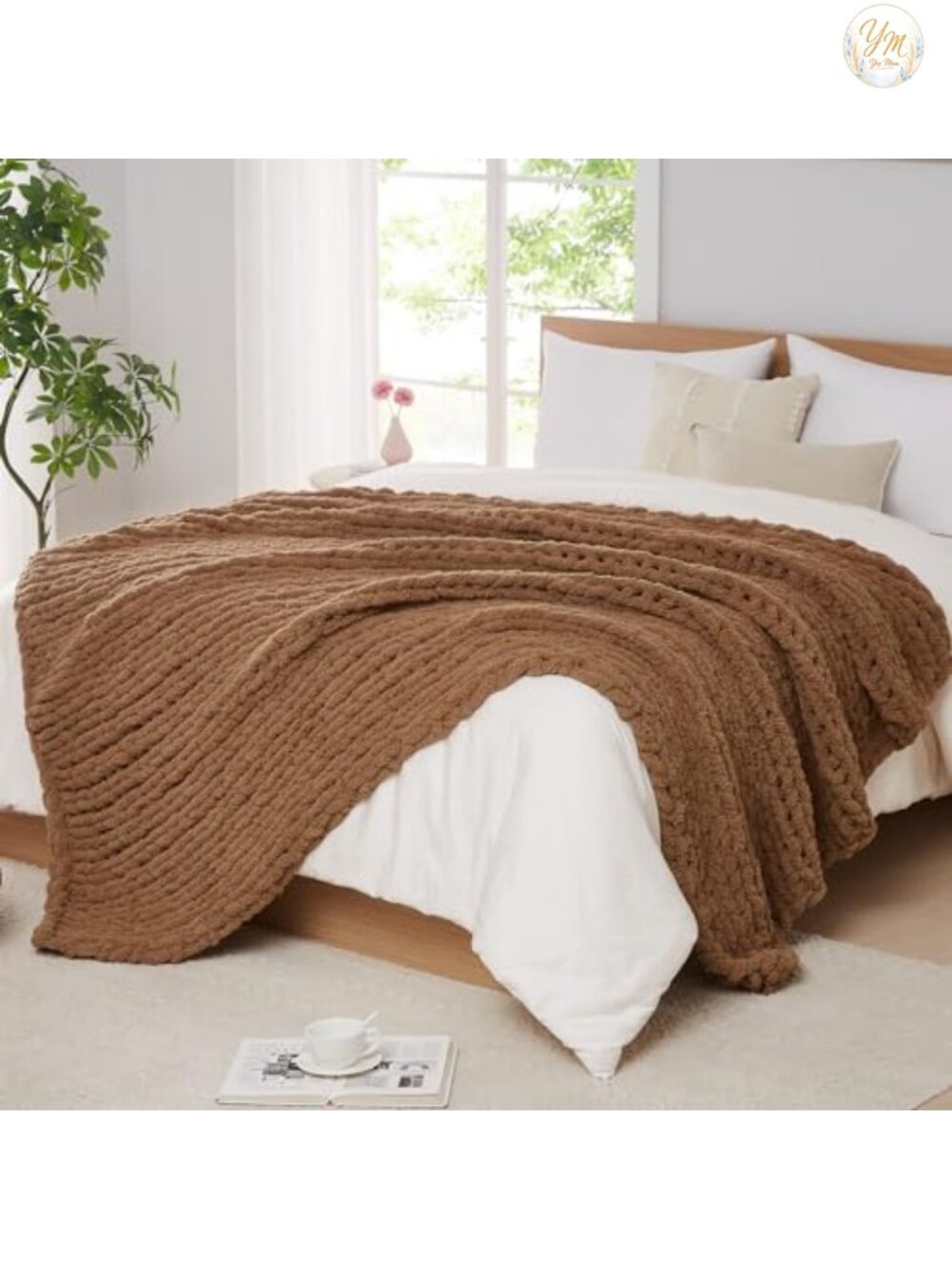 Chunky Knit Throw Blanket for Couch, Handmade Chenille Cable Knit, 50x60